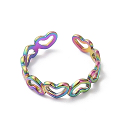 Rainbow Color Placage ionique (ip) 304 anneau de manchette ouvert à cœur creux en acier inoxydable pour femme, couleur arc en ciel, diamètre intérieur: 18 mm