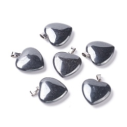Hematite Natural Hematite Pendants, with Platinum Tone Brass Findings, Heart, 27~28x24.5~26x6~8.5mm, Hole: 2.4x5.6mm