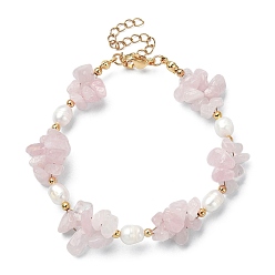 Rose Quartz Natural Rose Quartz Chips & Pearl Beaded Bracelet, with 304 Stainless Steel Clasps, 7-1/4 inch(18.5cm)