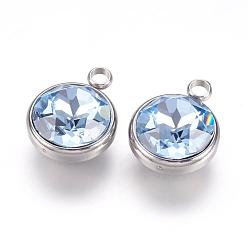 Light Blue K9 Glass Rhinestone Pendants, March Birthstone Charms, with 304 Stainless Steel Findings, Flat Round, Light Blue, 18x14x9mm, Hole: 2.5mm