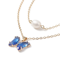 Cornflower Blue Glass Butterfly & Natural Pearl Pendants Double Layer Necklace with Clear Cubic Zirconia, Golden Brass Jewelry for Women, Cornflower Blue, 16.34 inch(41.5cm)