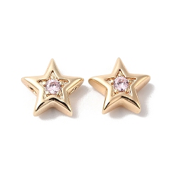 Lavender Brass with Cubic Zirconia Beads Beads, Real 18K Gold Plated, Star, Lavender, 7.5x8x3mm, Hole: 1mm
