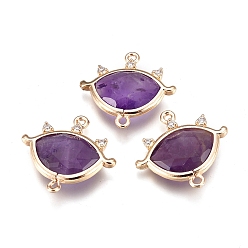 Amethyst Natural Amethyst Links, with Light Gold Plated Edge Brass Loops and Crystal Rhinestone, Faceted, Eye, 21x20x5mm, Hole: 1.2mm and 1.6mm