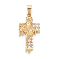 Golden Easter 304 Stainless Steel Big Pendants, with Crystal Rhinestone, Cross with Jesus, Golden, 54.5x28x4mm, Hole: 6.5x12mm