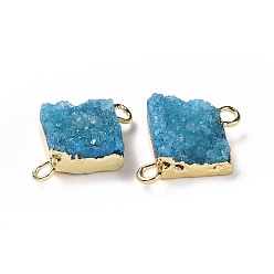 Deep Sky Blue Natural Druzy Quartz Links connectors, with Brass Findings, Square, Silver, Deep Sky Blue, 16~18x13~14x6~8mm, Hole: 2mm