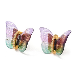 Plum Film Butterfly Stud Earrings with Cubic Zirconia, Real 18K Gold Plated Brass Earrings, Lead Free & Cadmium Free, Plum, 17x22~23mm