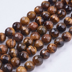 Tiger Eye Natural Tiger Eye Round Bead Strands, Faceted, 8mm, Hole: 1mm, about 48pcs/strand, 14.9 inch
