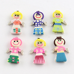 Mixed Color Handmade Zinc Alloy Polymer Clay Girl Pendants, Platinum Metal Color, Mixed Color, 29~31x17x4~5mm, Hole: 2~3mm