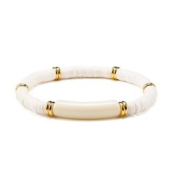 White Curved Tube Acrylic Beads Stretch Bracelet for Teen Girl Women, Disc Polymer Clay Beads Bracelet, Golden, White, Inner Diameter: 2-3/8 inch(6cm)