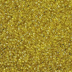 Amarillo 8/0 calificar unas cuentas redondas de semillas de vidrio, plata forrada, amarillo, 8/0, 3x2 mm, agujero: 1 mm, sobre 10000 unidades / libra