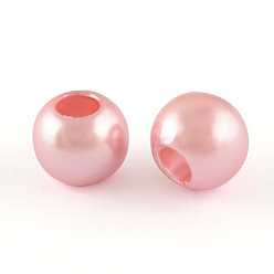 Pink ABS Plastic Imitation Pearl European Beads, Large Hole Rondelle Beads, Pink, 11.5~12x10mm, Hole: 4~5mm, about 780pcs/500g