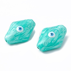 Turquoise Des billes de verre, avec l'émail, losange avec motif mauvais œil, turquoise, 28x19x12mm, Trou: 1.2mm