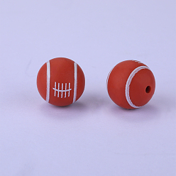 Chocolate Cuentas focales de silicona redondas impresas con patrón de rugby, chocolate, 15x15 mm, agujero: 2 mm