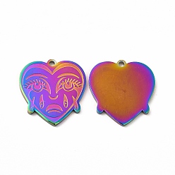 Rainbow Color Ion Plating(IP) 304 Stainless Steel Pendants, Crying Face Heart Charms, Rainbow Color, 20x19x1.4mm, Hole: 1.5mm