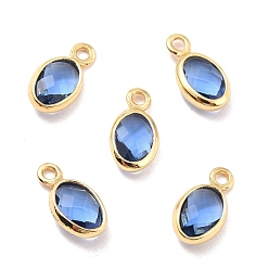 Midnight Blue Eco-Friendly Brass with Glass Pendants,  Long-Lasting Plated, Lead Free & Cadmium Free & Nickel Free, Oval, Real 18K Gold Plated, Midnight Blue, 9x4.5x2mm, Hole: 1.2mm