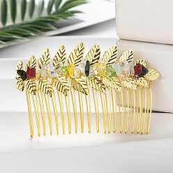 Mixed Stone Leaf Gemstone Chips Hair Combs, with Iron Combs, Hair Accessories for Women Girls, 45x80x10mm