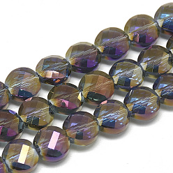 Dark Orchid Electroplate Glass Beads Strands, Rainbow Plated, Faceted, Flat Round, Dark Orchid, 8x5mm, Hole: 1.2mm, about 69~72pcs/strand, 21.26 inch