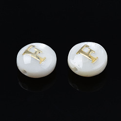 Letter F Natural Freshwater Shell Beads, with Golden Plated Brass Etched Metal Embellishments, Flat Round with Letter, Seashell Color, Letter.F, 6x4mm, Hole: 0.8mm