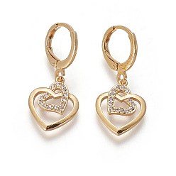 Golden Brass Dangle Hoop Earrings, with Micro Pave Cubic Zirconia, Heart, Golden, 28.5mm, Pin: 1mm