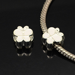 Blanc Alliage papillon émail grand trou perles européennes, couleur argent plaqué, blanc, 10x10x7mm, Trou: 4.5mm