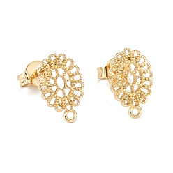 Real 18K Gold Plated Eco-Friendly Brass Stud Earring Findings, with Ear Nuts & Loops, Flower, Real 18K Gold Plated, 11x7.5mm, Hole: 1mm, Pin: 0.7mm