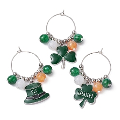 Dark Green Saint Patrick's Day Alloy Enamel Wine Glass Charms, with Round Resin Beads and Brass Hoop Earrings Findings, Clover & Hat, Dark Green, 53~55mm, 3pcs/set