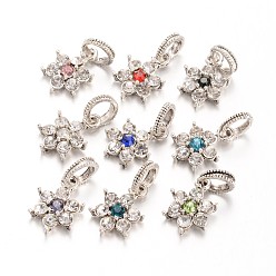 Mixed Color Large Hole Alloy Rhinestone European Dangle Charms, Flower, Antique Silver, Mixed Color, 23mm, Hole: 6mm