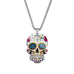 Dodger Blue Stainless Steel Skull with Flower Pendant Necklaces, Halloween Jewelry for Women, Dodger Blue, 23.62 inch(60cm)