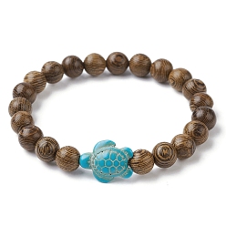 Synthetic Turquoise Natural Wood Round & Synthetic Turquoise Turtle Beaded Stretch Bracelet for Women, Inner Diameter: 2-1/8 inch(5.5cm)