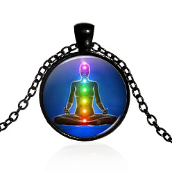 Electrophoresis Black Chakra Theme Yoga Human Glass Pendant Necklace, Alloy Jewelry for Women, Electrophoresis Black, 15.75 inch~19.69 inch(40~50cm)