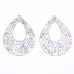 Stainless Steel Color 304 Stainless Steel Filigree Pendants, Etched Metal Embellishments, Teardrop with Leaf, Stainless Steel Color, 38.5x30x0.3mm, Hole: 1.6mm