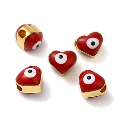 Dark Red Golden Tone Brass Enamel Beads, Cadmium Free & Lead Free, Long-Lasting Plated, Heart with Evil Eye, Dark Red, 6x7x6mm, Hole: 2mm