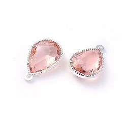 Misty Rose Glass Pendants, with Eco-Friendly Alloy Open Back Berzel Findings, Faceted, teardrop, Silver Color Plated, Misty Rose, 18x12x5mm, Hole: 1.4mm