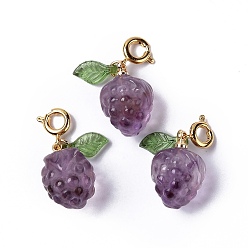Golden Natural Amethyst Grape Spring Ring Clasp Charms, Rack Plating Brass Spring Ring Clasps, Golden, 24mm, Grape: 16.5x12mm, Leaf: 10x5x2mm