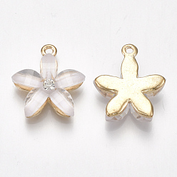 White Alloy Pendants, with Resin and Rhinestone, Flower, Crystal, Light Gold, White, 21.5x18.5x5mm, Hole: 1.5mm
