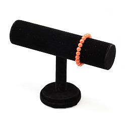 Negro T bar joyas pulsera de plástico pantallas, cubiertos con terciopelo, con base de madera, negro, 15x22x5.5 cm