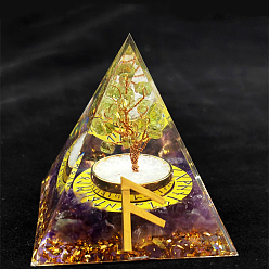 Amatista Símbolo de runa vikinga decoraciones de exhibición de resina de pirámide de orgonita, con chips de amatista natural en el interior, para el escritorio de la oficina en casa, 50~60 mm