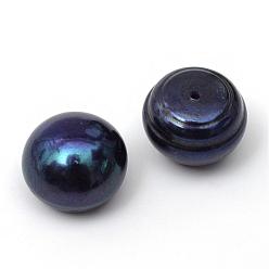 Prussian Blue Flat Round Natural Cultured Freshwater Pearl Beads, Dyed, Half Drilled, Prussian Blue, 12~13x7~8mm, Half Hole: 0.8mm, 12pairs/card