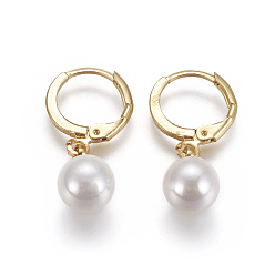Golden Brass Leverback Earrings, with Shell Pearl, Long-Lasting Plated, Golden, 25mm, Pin: 0.8mm