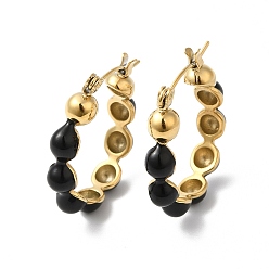 Noir Boucles d'oreilles créoles en perles d'émail, véritable 14k plaqué or 304 bijoux en acier inoxydable pour femmes, noir, 26x23x5mm, pin: 0.6 mm