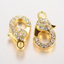 Golden Alloy Glass Rhinestone Lobster Claw Clasps, Golden, 21x12.5x7mm, Hole: 2.5mm