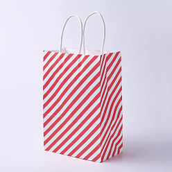 Red kraft Paper Bags, with Handles, Gift Bags, Shopping Bags, Rectangle, Diagonal Stripe Pattern, Red, 33x26x12cm