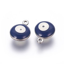 Midnight Blue 304 Stainless Steel Enamel Charms, Flat Round with Evil Eye, Stainless Steel Color, Midnight Blue, 13x10x5mm, Hole: 1.4mm