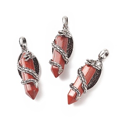 Red Jasper Natural Red Jasper Pointed Pendants, Faceted Bullet Charms with Antique Silver Tone Alloy Dragon Wrapped, 47.5x19x18.5mm, Hole: 7.5x6mm