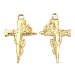 Real 18K Gold Plated Ion Plating(IP) 304 Stainless Steel Pendants, Cross with Rose Charm, Real 18K Gold Plated, 31.5x19.5x2mm, Hole: 2.6mm