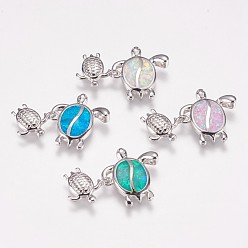 Mixed Color Brass Pendants, with Synthetic Opal, Turtle, Platinum, Mixed Color, 10~15.5x10.5~14.5x2~2.5mm, Hole: 1.5x2.5mm