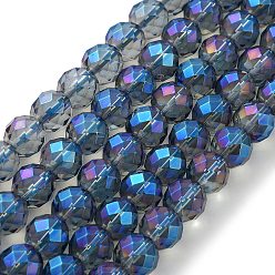 Blue Plated Electroplated Synthetic Quartz Crystal Beads Strands, Faceted, Round, Blue Plated, 10mm, Hole: 1.2mm, about 39pcs/strand, 15.35''(39cm)