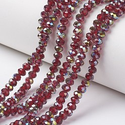 Brique Rouge Plaquent verre transparent perles brins, moitié vert plaqué, facette, rondelle, firebrick, 6x5mm, Trou: 1mm, Environ 85~88 pcs/chapelet, 16.1~16.5 pouce (41~42 cm)