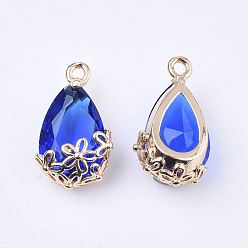 Medium Blue Transparent Glass Pendants, with Brass Findings, Faceted, teardrop, with Flower, Light Gold, Medium Blue, 16x9x6mm, Hole: 1.2mm