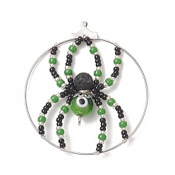 Lime Green Brass Pendants, with Glass Seed & Evil Eye Lampwork & Natural Lava Rock Beads, Ring with Spider Charms, Lime Green, 44~48x40~43x8mm, Hole: 1mm and 2mm